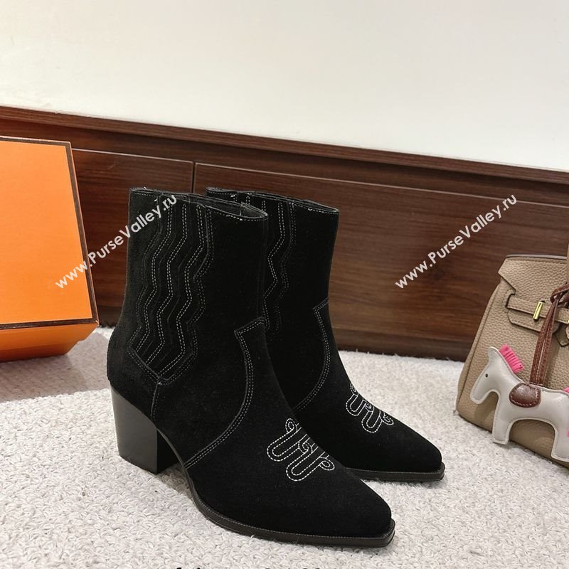 Hermes Vegas Heel Ankle Boots 6.5cm in Embroidered Suede Black 2025 H252196 (MD-251220035)