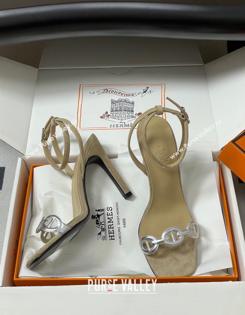 Hermes Luz Heel Sandals 10.5cm in Suede with Silver-Tone Strap Beige 2025 (MD-251220004)