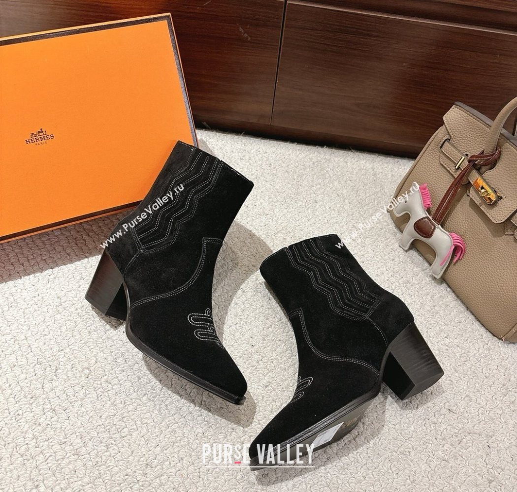 Hermes Vegas Heel Ankle Boots 6.5cm in Embroidered Suede Black 2025 H252196 (MD-251220035)