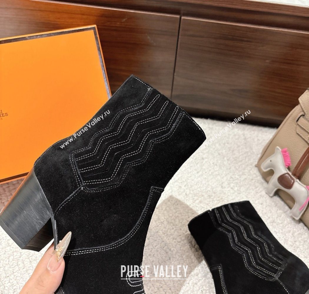 Hermes Vegas Heel Ankle Boots 6.5cm in Embroidered Suede Black 2025 H252196 (MD-251220035)