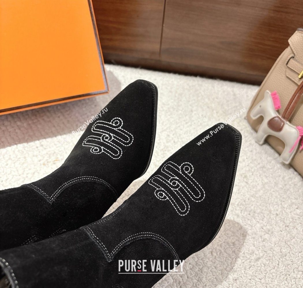 Hermes Vegas Heel Ankle Boots 6.5cm in Embroidered Suede Black 2025 H252196 (MD-251220035)