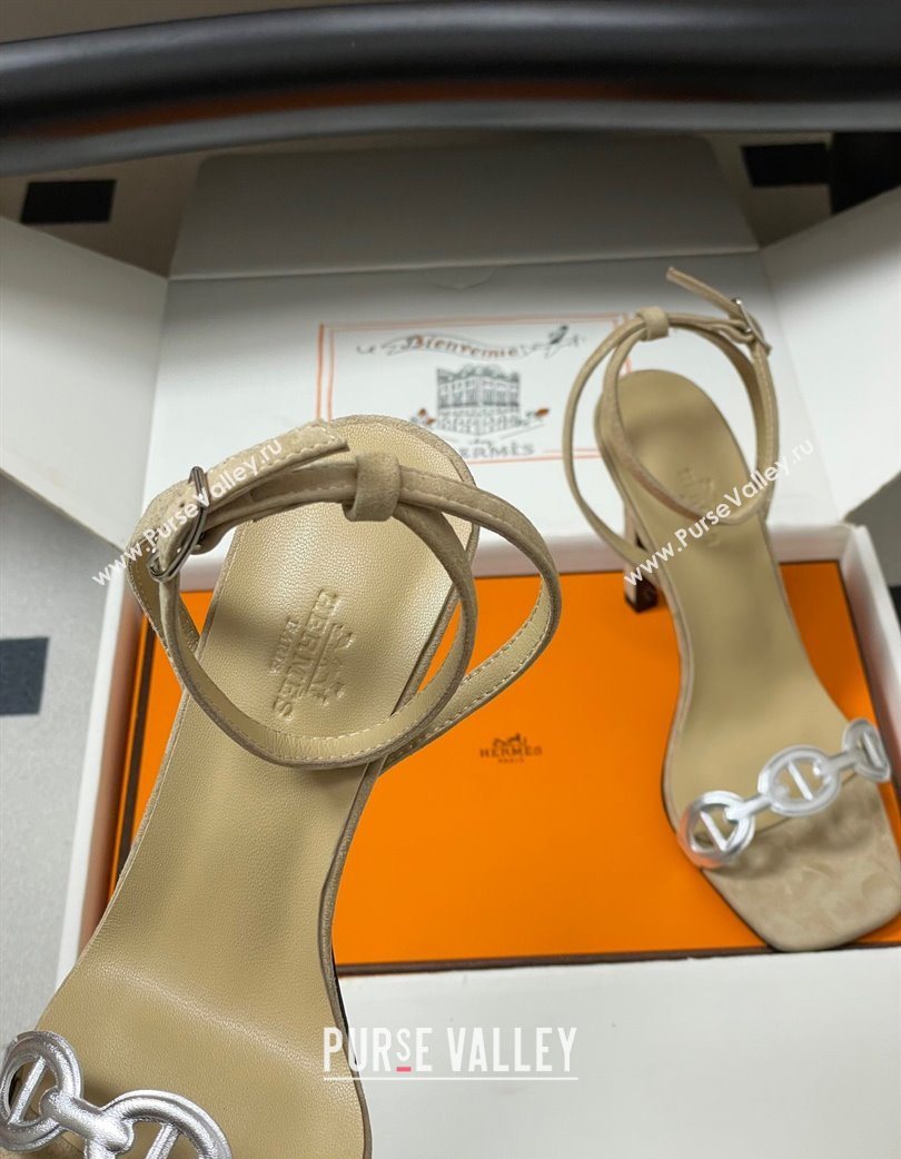 Hermes Luz Heel Sandals 10.5cm in Suede with Silver-Tone Strap Beige 2025 (MD-251220004)
