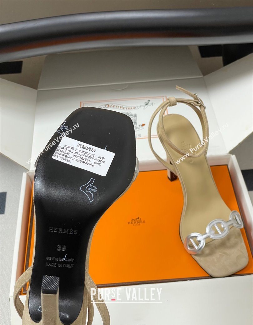 Hermes Luz Heel Sandals 10.5cm in Suede with Silver-Tone Strap Beige 2025 (MD-251220004)