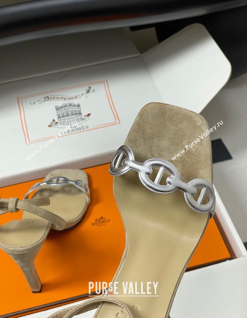 Hermes Luz Heel Sandals 10.5cm in Suede with Silver-Tone Strap Beige 2025 (MD-251220004)