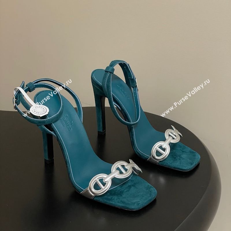 Hermes Luz Heel Sandals 10.5cm in Suede with Silver-Tone Strap Green 2025 (MD-251220005)