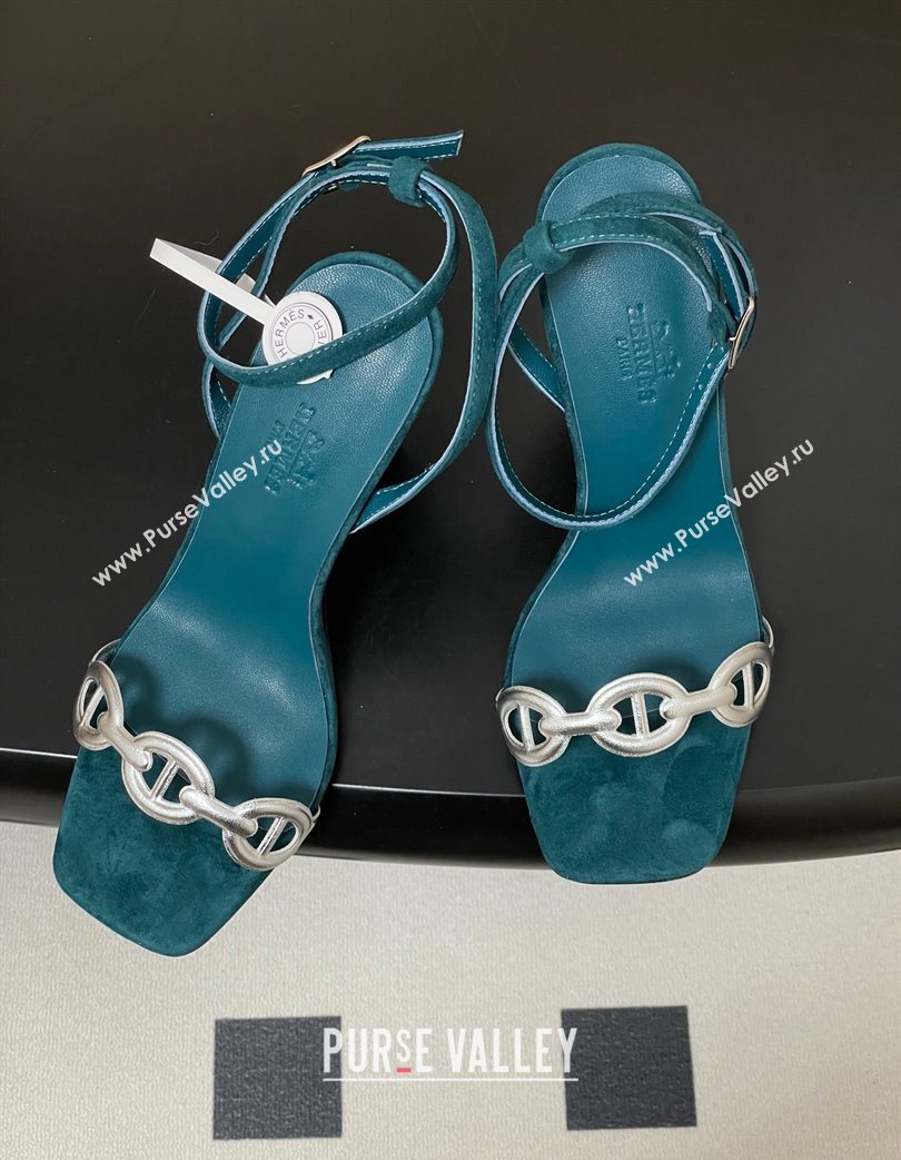 Hermes Luz Heel Sandals 10.5cm in Suede with Silver-Tone Strap Green 2025 (MD-251220005)