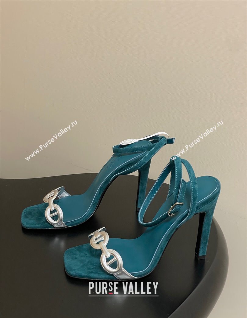 Hermes Luz Heel Sandals 10.5cm in Suede with Silver-Tone Strap Green 2025 (MD-251220005)