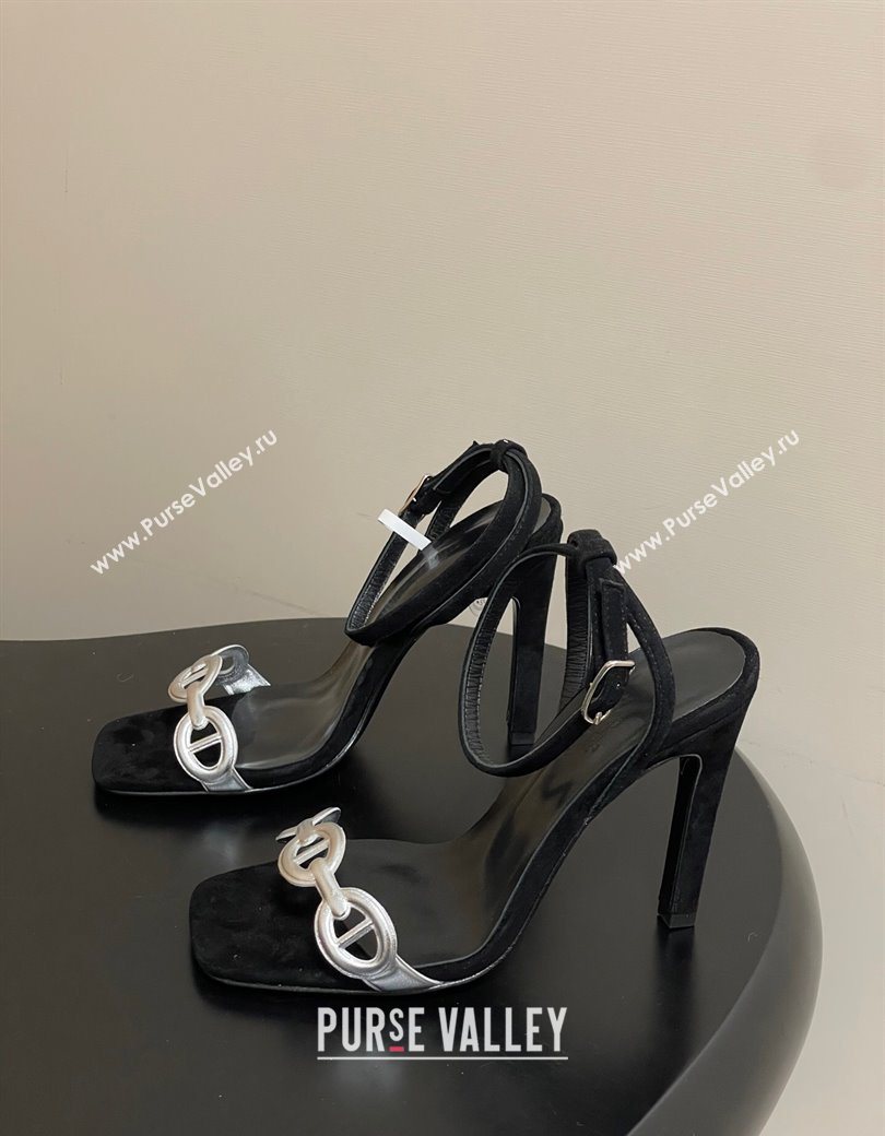 Hermes Luz Heel Sandals 10.5cm in Suede with Silver-Tone Strap Black 2025 (MD-251220001)