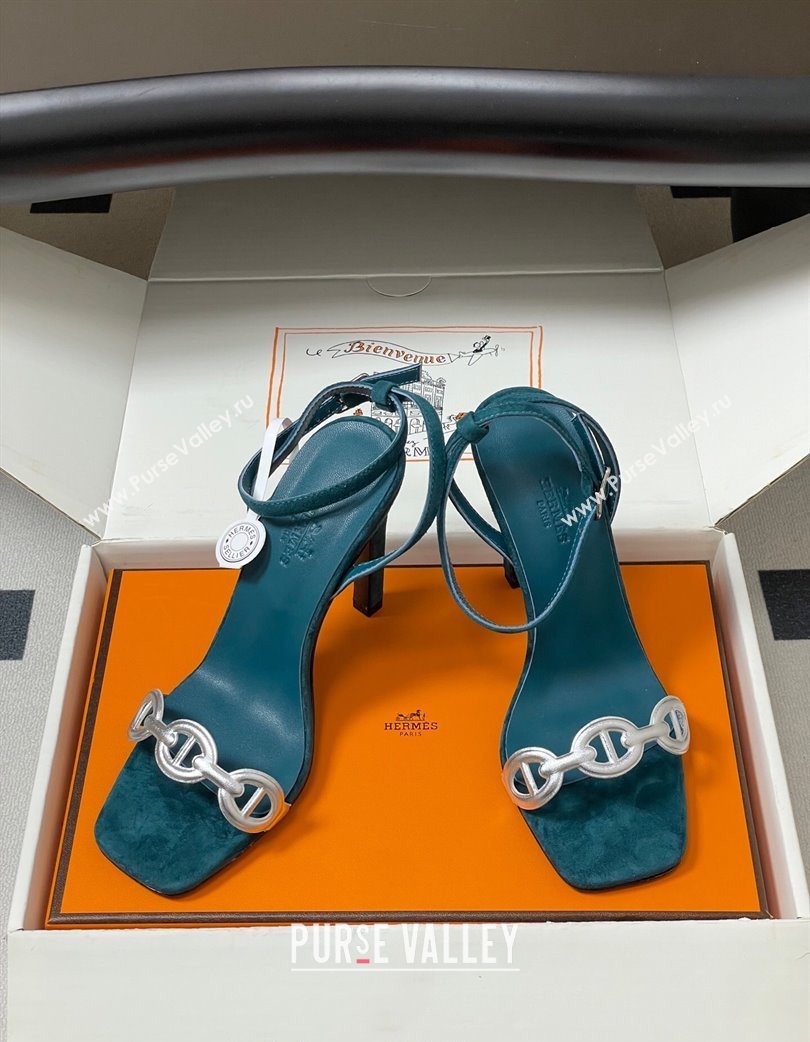 Hermes Luz Heel Sandals 10.5cm in Suede with Silver-Tone Strap Green 2025 (MD-251220005)