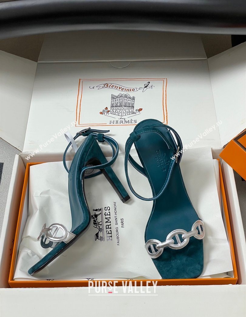 Hermes Luz Heel Sandals 10.5cm in Suede with Silver-Tone Strap Green 2025 (MD-251220005)