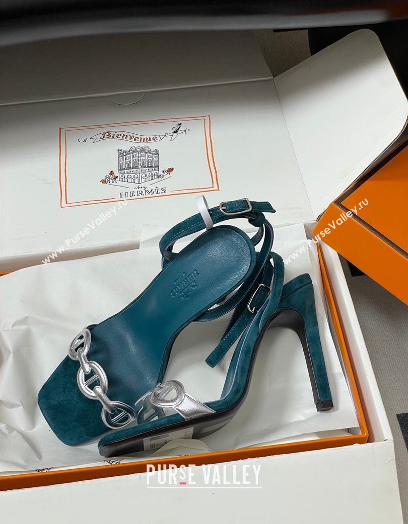 Hermes Luz Heel Sandals 10.5cm in Suede with Silver-Tone Strap Green 2025 (MD-251220005)