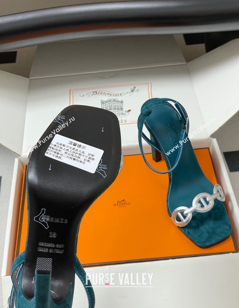 Hermes Luz Heel Sandals 10.5cm in Suede with Silver-Tone Strap Green 2025 (MD-251220005)