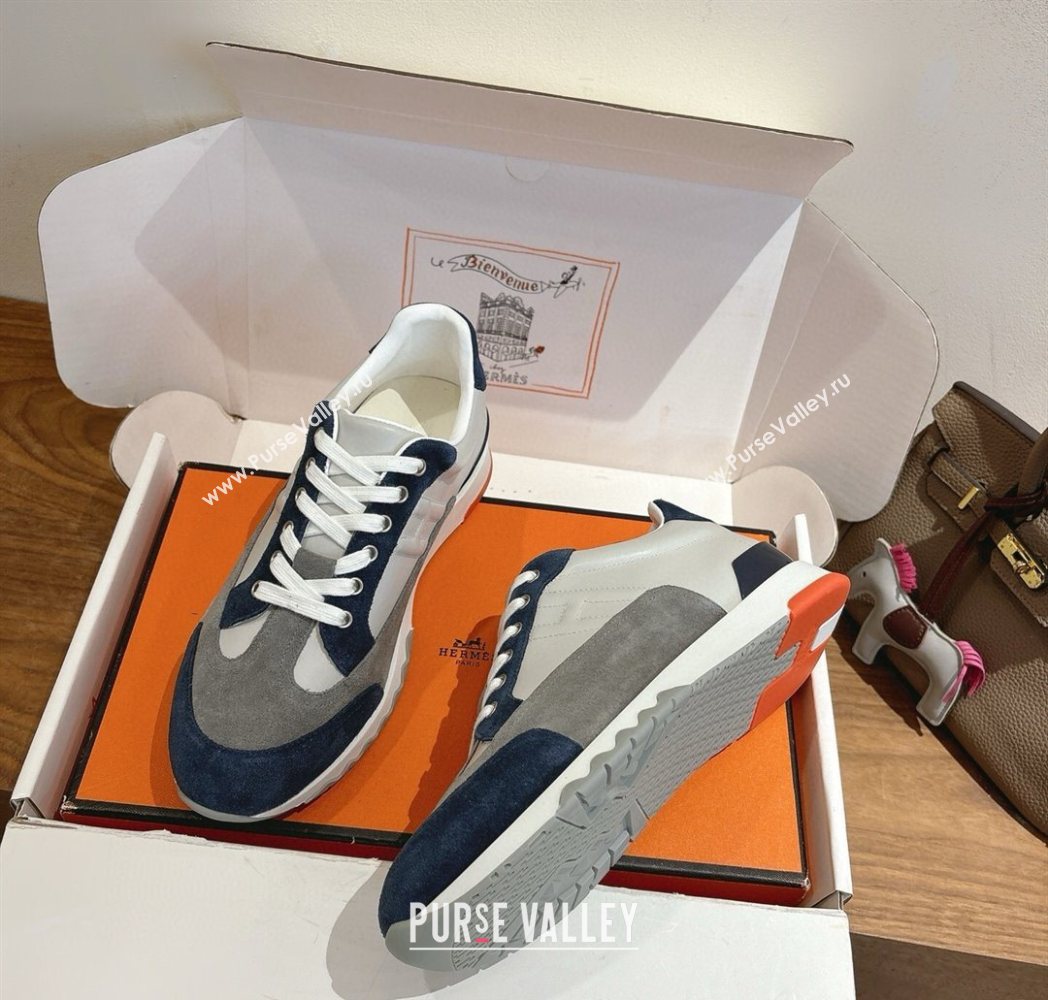 Hermes Trail Sneakers in Calfskin and Suede White/Grey/Blue 2025 1222 (MD-251222011)