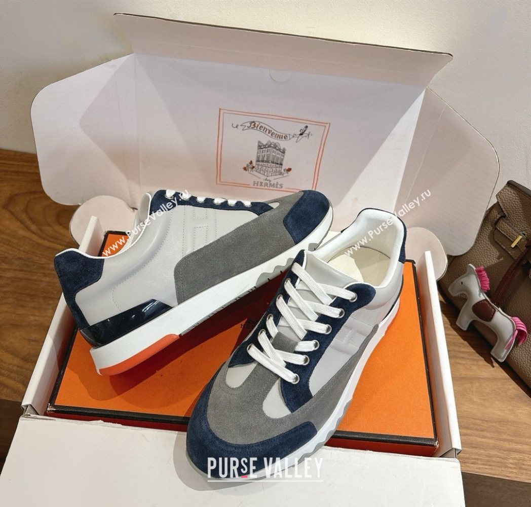 Hermes Trail Sneakers in Calfskin and Suede White/Grey/Blue 2025 1222 (MD-251222011)
