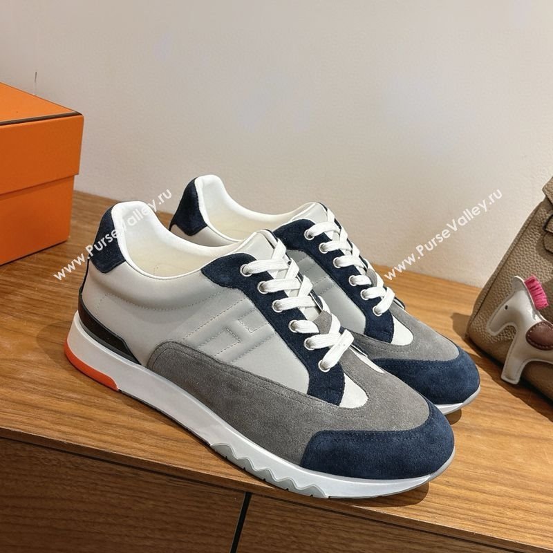 Hermes Trail Sneakers in Calfskin and Suede White/Grey/Blue 2025 1222 (MD-251222011)