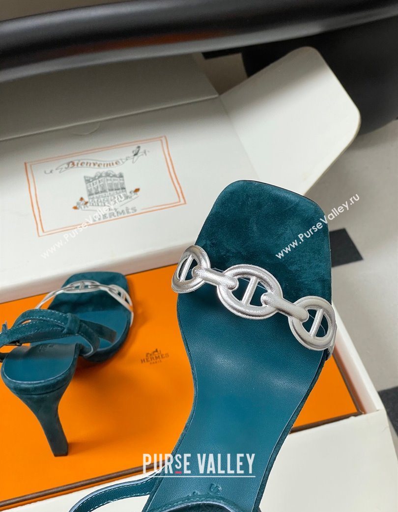 Hermes Luz Heel Sandals 10.5cm in Suede with Silver-Tone Strap Green 2025 (MD-251220005)