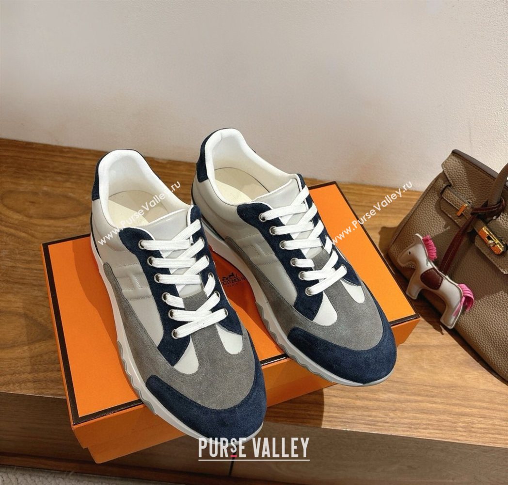 Hermes Trail Sneakers in Calfskin and Suede White/Grey/Blue 2025 1222 (MD-251222011)