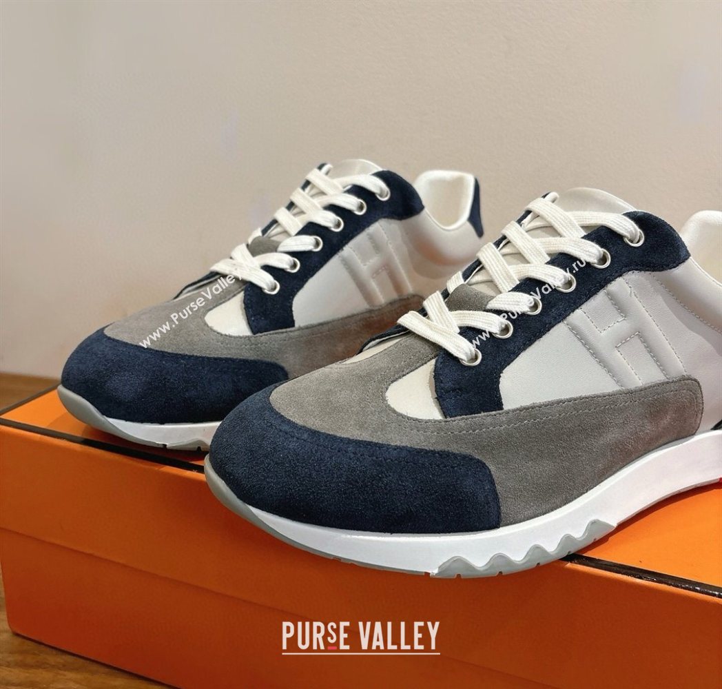 Hermes Trail Sneakers in Calfskin and Suede White/Grey/Blue 2025 1222 (MD-251222011)