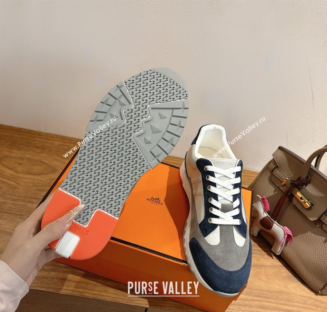 Hermes Trail Sneakers in Calfskin and Suede White/Grey/Blue 2025 1222 (MD-251222011)