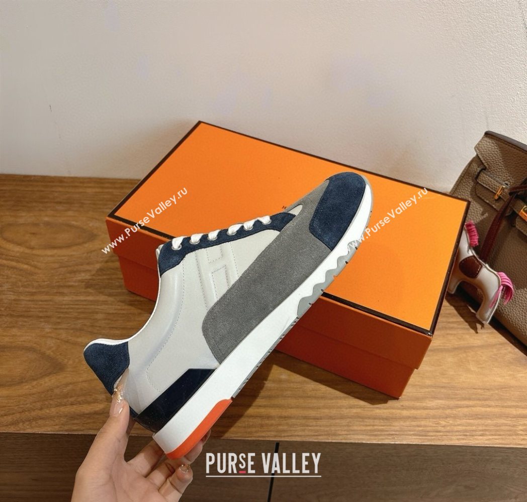 Hermes Trail Sneakers in Calfskin and Suede White/Grey/Blue 2025 1222 (MD-251222011)