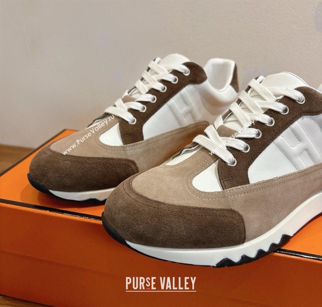 Hermes Trail Sneakers in Calfskin and Suede White/Beige/Brown 2025 1222 (MD-251222012)