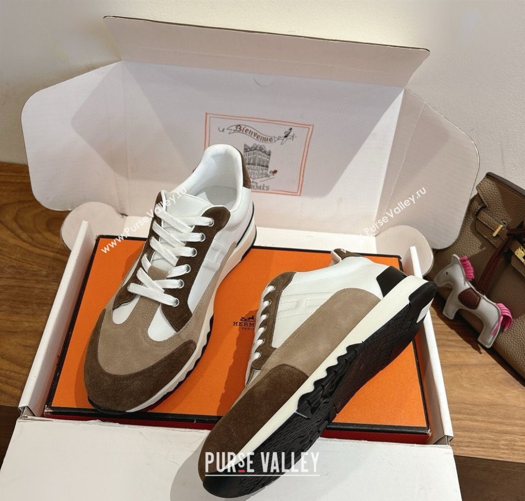 Hermes Trail Sneakers in Calfskin and Suede White/Beige/Brown 2025 1222 (MD-251222012)