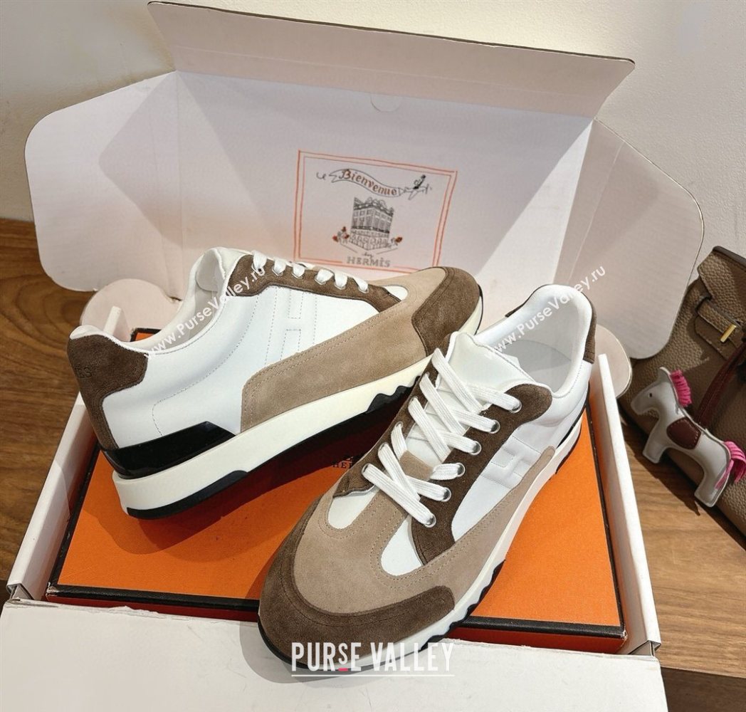 Hermes Trail Sneakers in Calfskin and Suede White/Beige/Brown 2025 1222 (MD-251222012)