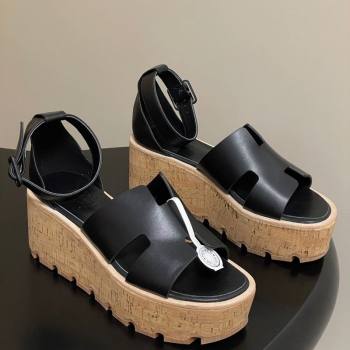 Hermes Luce Wedge Platform Sandals 7cm in Calfskin Leather Black 2025 H252131 (MD-251220006)