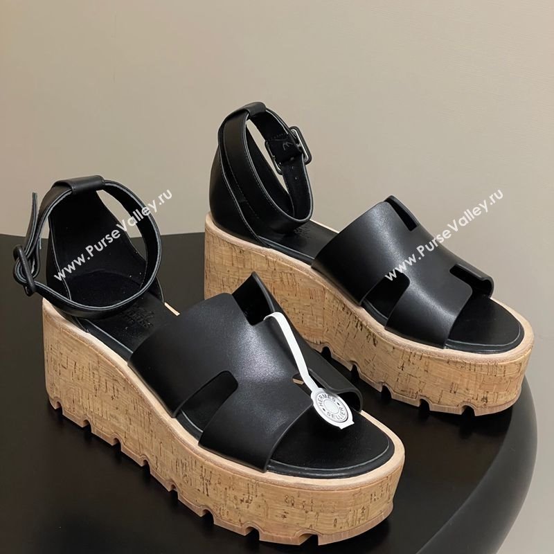 Hermes Luce Wedge Platform Sandals 7cm in Calfskin Leather Black 2025 H252131 (MD-251220006)