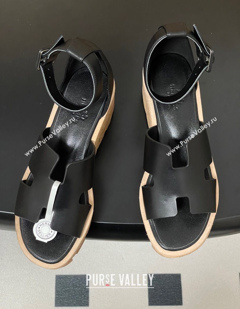 Hermes Luce Wedge Platform Sandals 7cm in Calfskin Leather Black 2025 H252131 (MD-251220006)