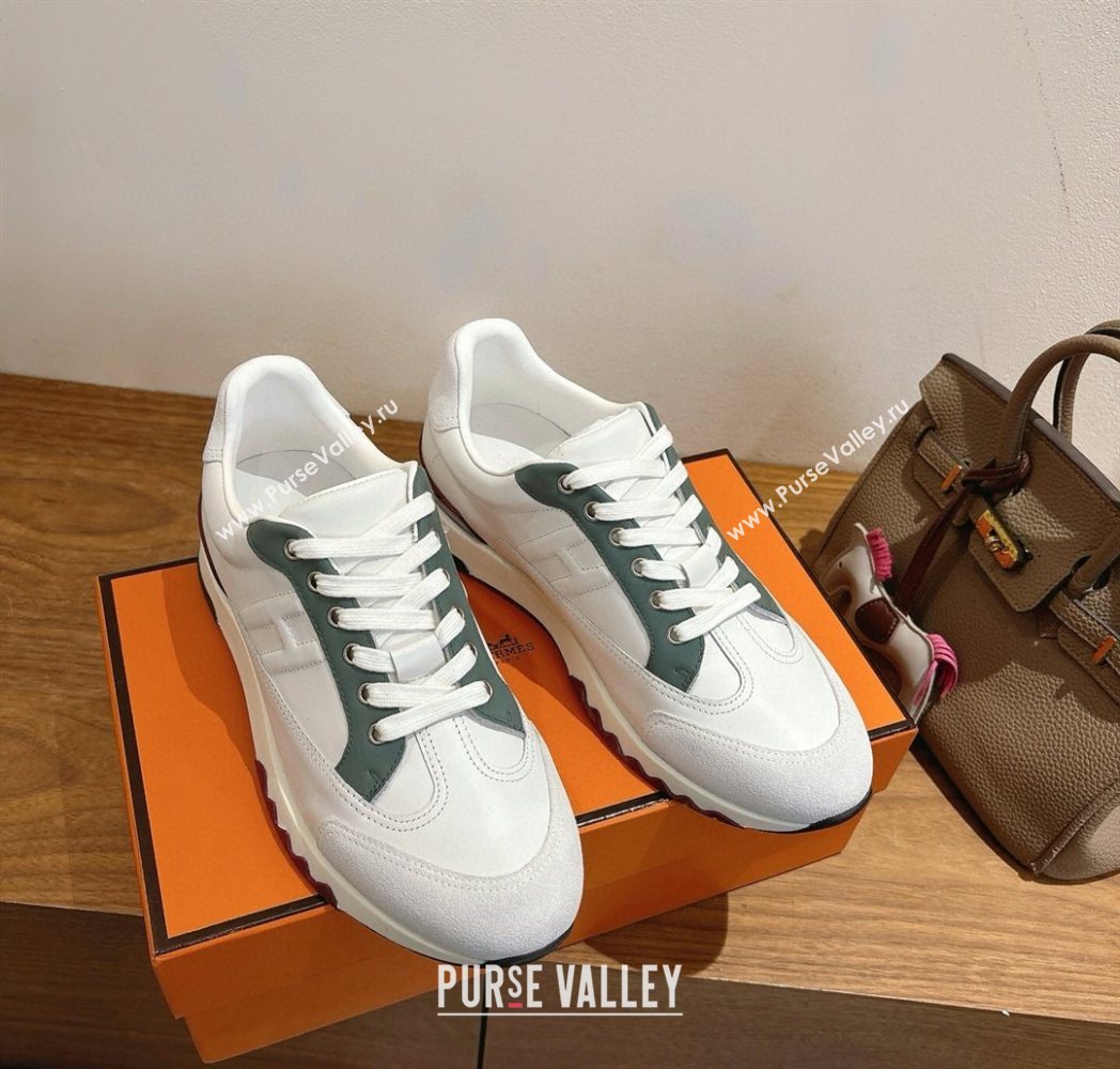 Hermes Trail Sneakers in Calfskin and Suede White/Green 2025 1222 (MD-251222015)