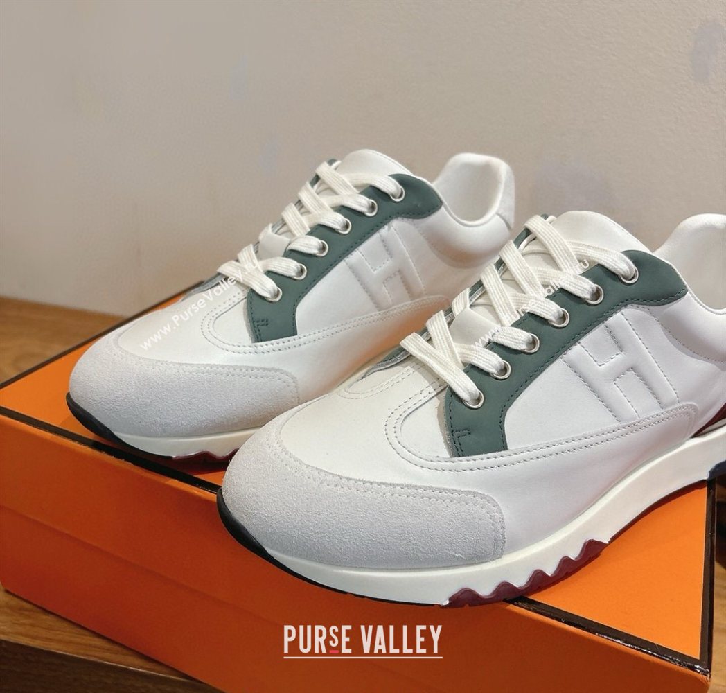 Hermes Trail Sneakers in Calfskin and Suede White/Green 2025 1222 (MD-251222015)
