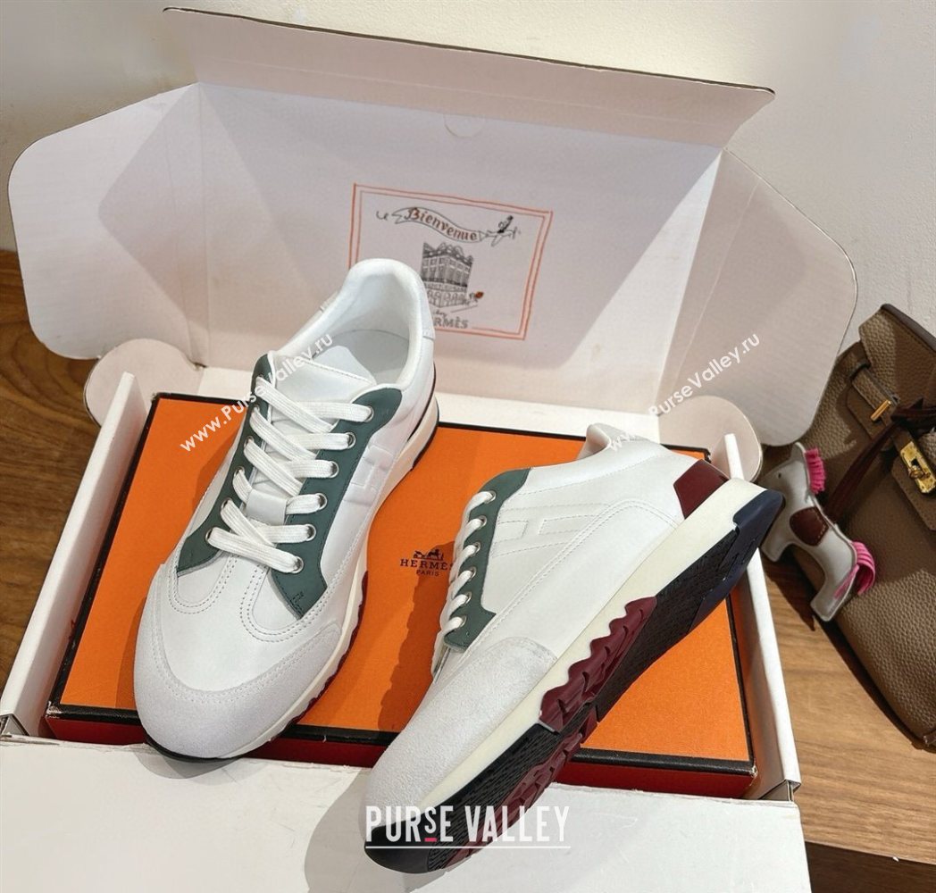Hermes Trail Sneakers in Calfskin and Suede White/Green 2025 1222 (MD-251222015)