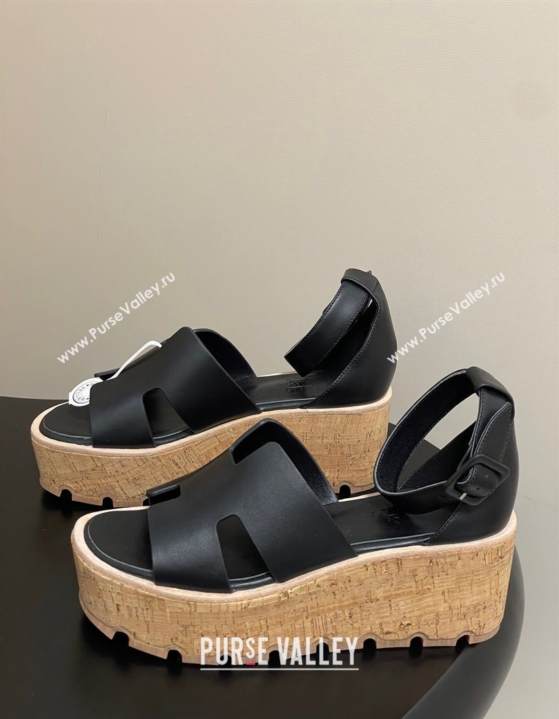 Hermes Luce Wedge Platform Sandals 7cm in Calfskin Leather Black 2025 H252131 (MD-251220006)