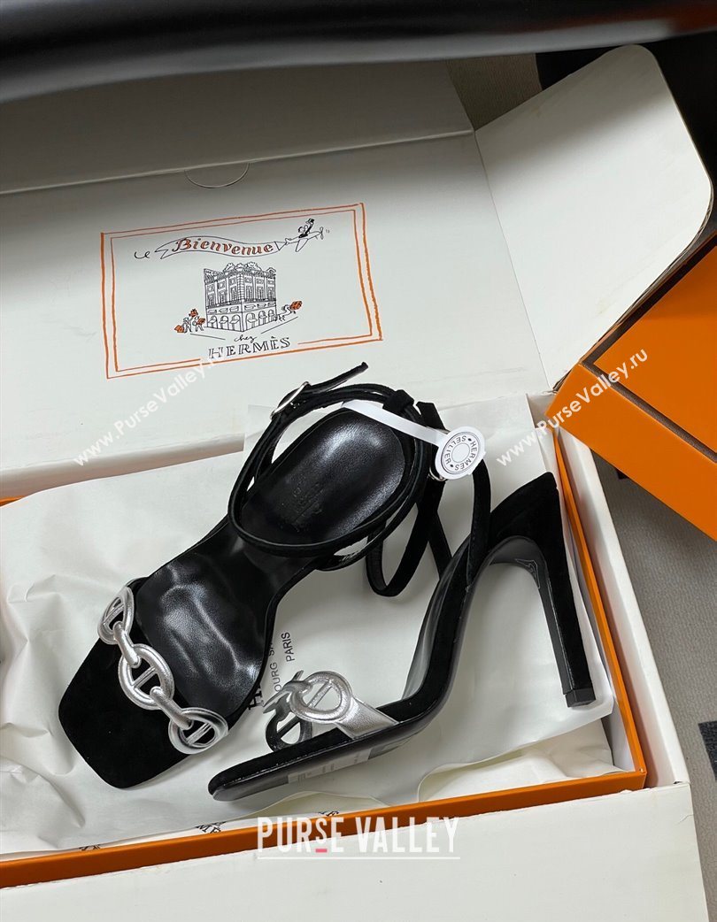 Hermes Luz Heel Sandals 10.5cm in Suede with Silver-Tone Strap Black 2025 (MD-251220001)