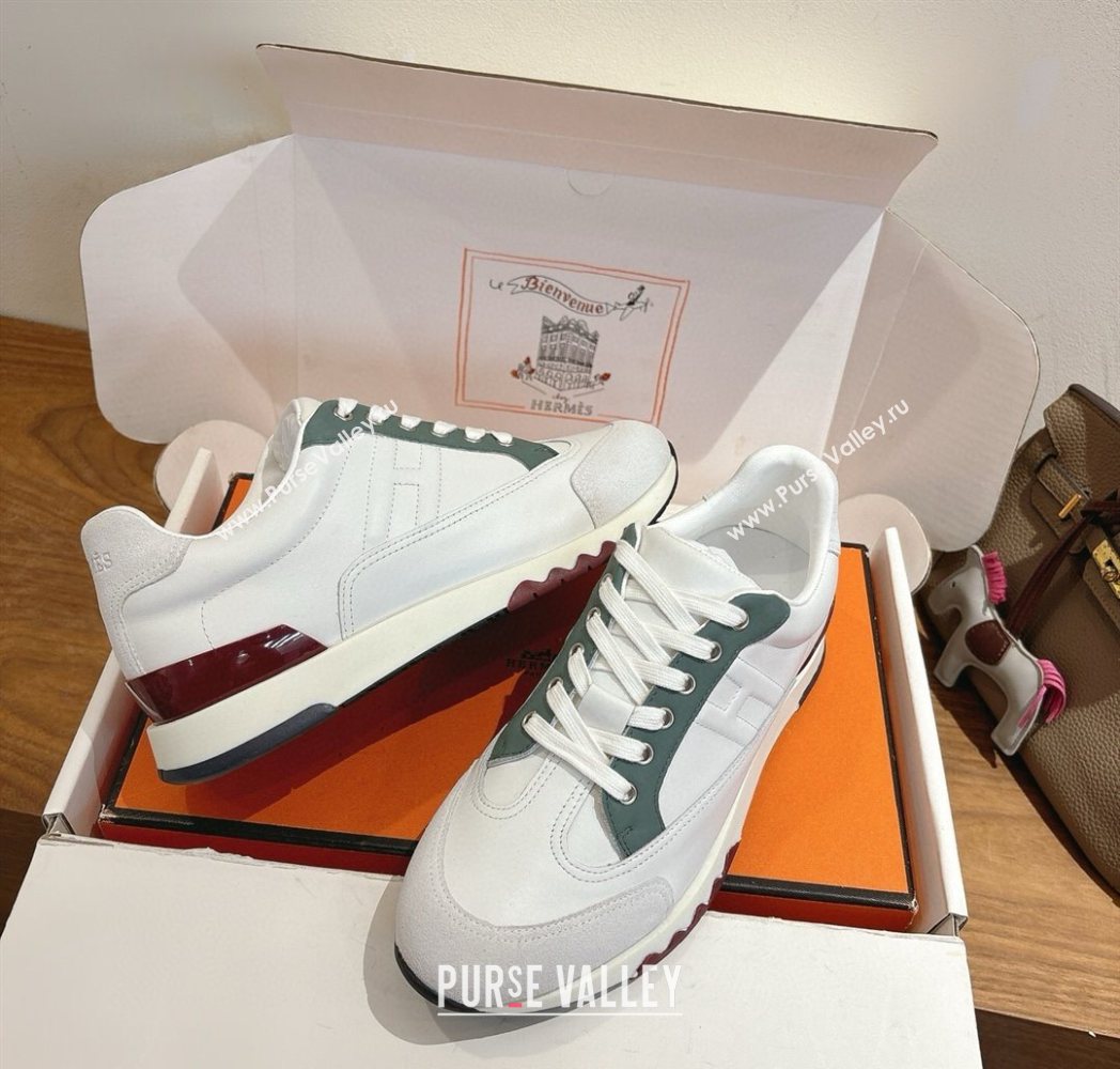 Hermes Trail Sneakers in Calfskin and Suede White/Green 2025 1222 (MD-251222015)