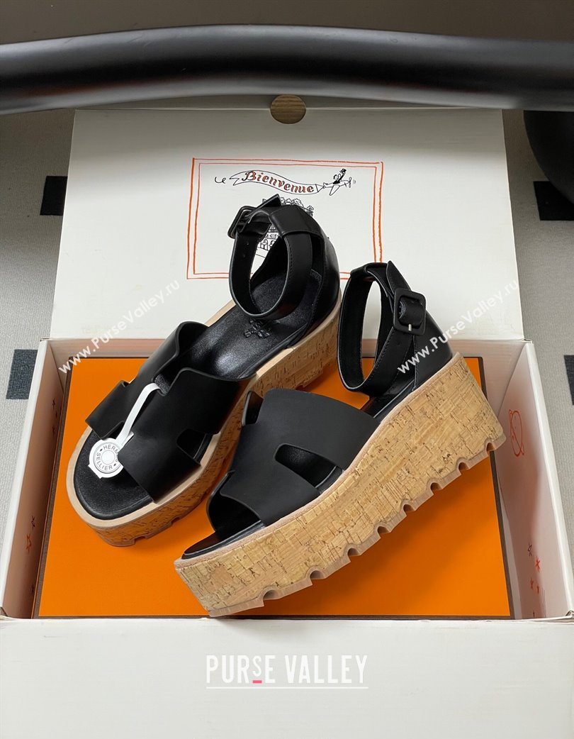 Hermes Luce Wedge Platform Sandals 7cm in Calfskin Leather Black 2025 H252131 (MD-251220006)