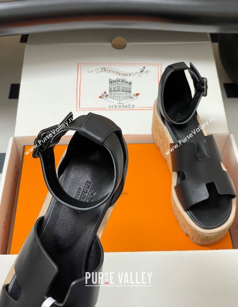 Hermes Luce Wedge Platform Sandals 7cm in Calfskin Leather Black 2025 H252131 (MD-251220006)