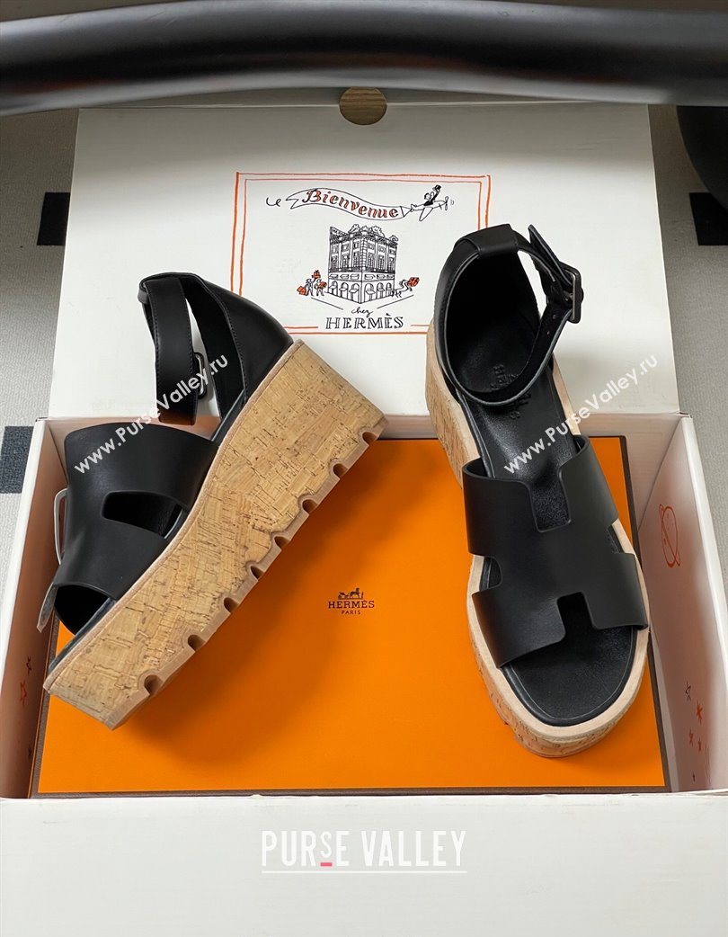 Hermes Luce Wedge Platform Sandals 7cm in Calfskin Leather Black 2025 H252131 (MD-251220006)