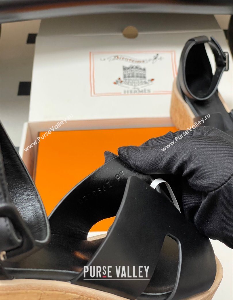 Hermes Luce Wedge Platform Sandals 7cm in Calfskin Leather Black 2025 H252131 (MD-251220006)