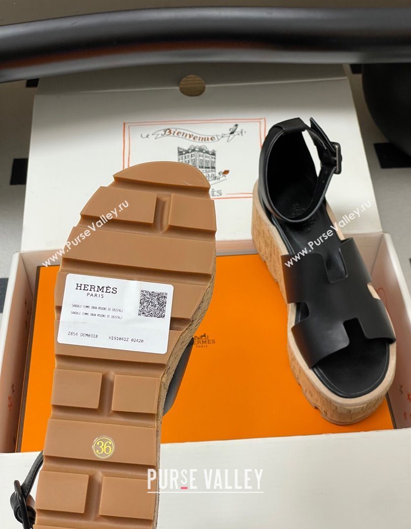 Hermes Luce Wedge Platform Sandals 7cm in Calfskin Leather Black 2025 H252131 (MD-251220006)