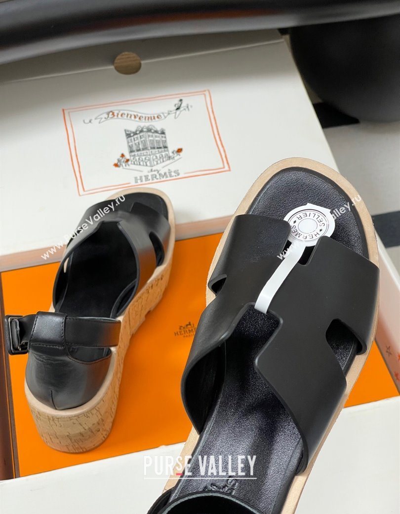 Hermes Luce Wedge Platform Sandals 7cm in Calfskin Leather Black 2025 H252131 (MD-251220006)