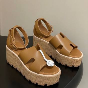 Hermes Luce Wedge Platform Sandals 7cm in Calfskin Leather Brown 2025 H252131 (MD-251220007)