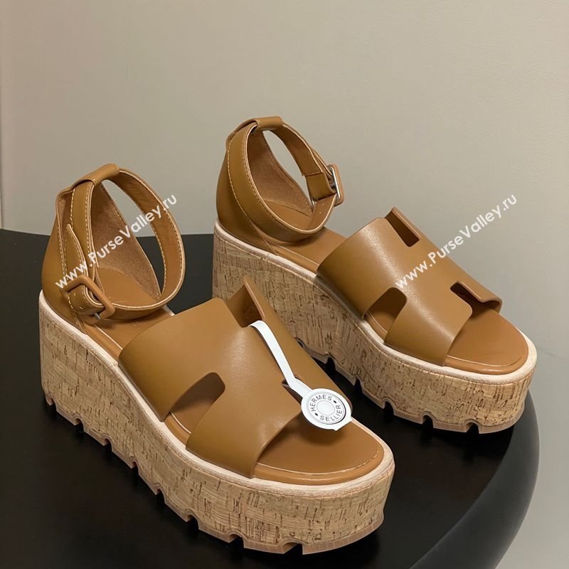 Hermes Luce Wedge Platform Sandals 7cm in Calfskin Leather Brown 2025 H252131 (MD-251220007)