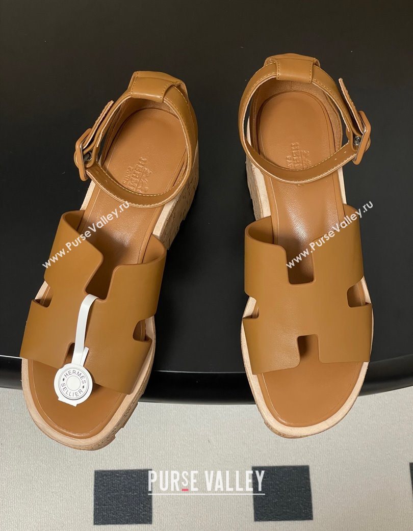 Hermes Luce Wedge Platform Sandals 7cm in Calfskin Leather Brown 2025 H252131 (MD-251220007)