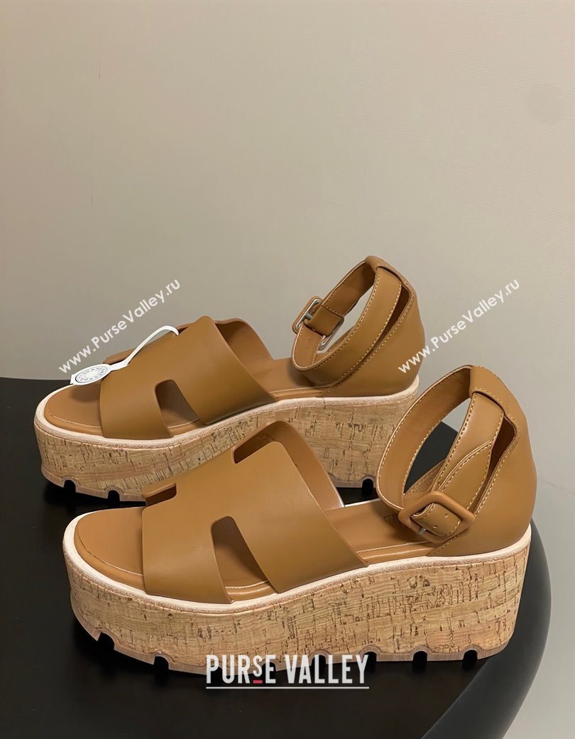 Hermes Luce Wedge Platform Sandals 7cm in Calfskin Leather Brown 2025 H252131 (MD-251220007)
