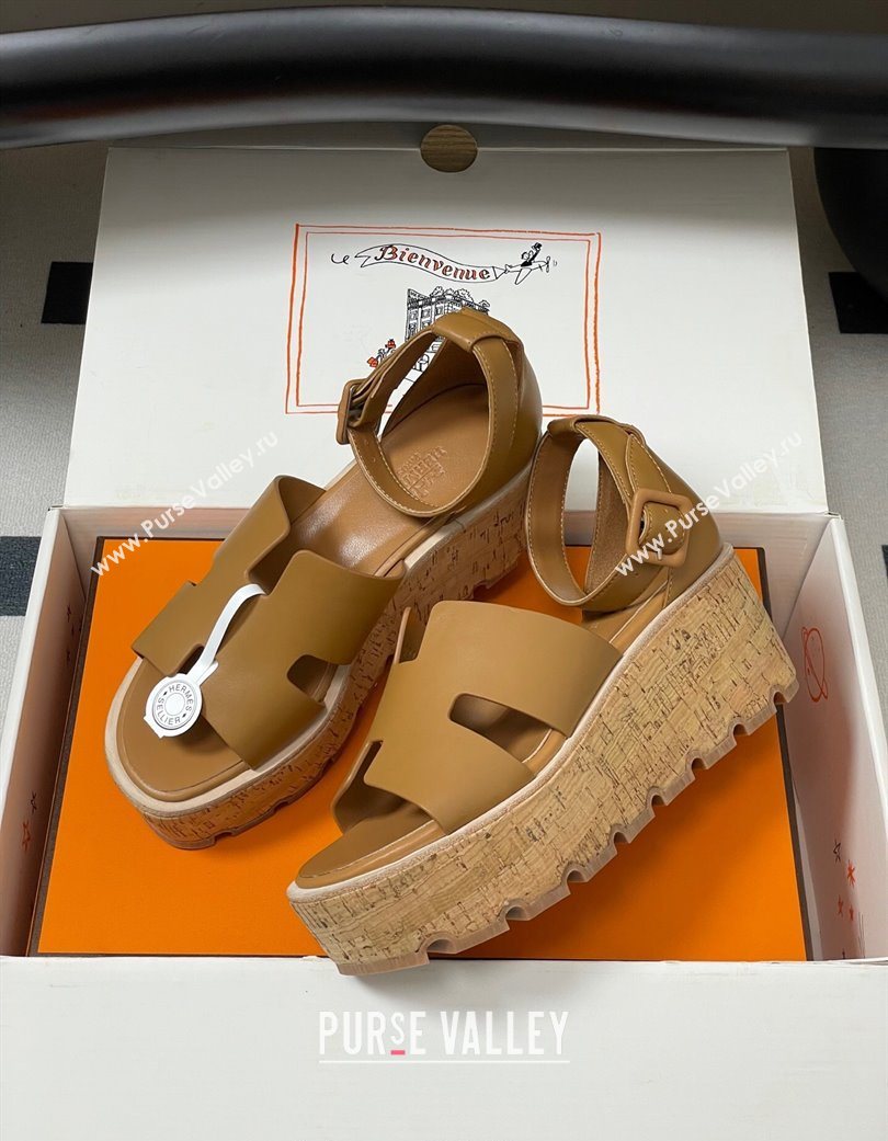 Hermes Luce Wedge Platform Sandals 7cm in Calfskin Leather Brown 2025 H252131 (MD-251220007)