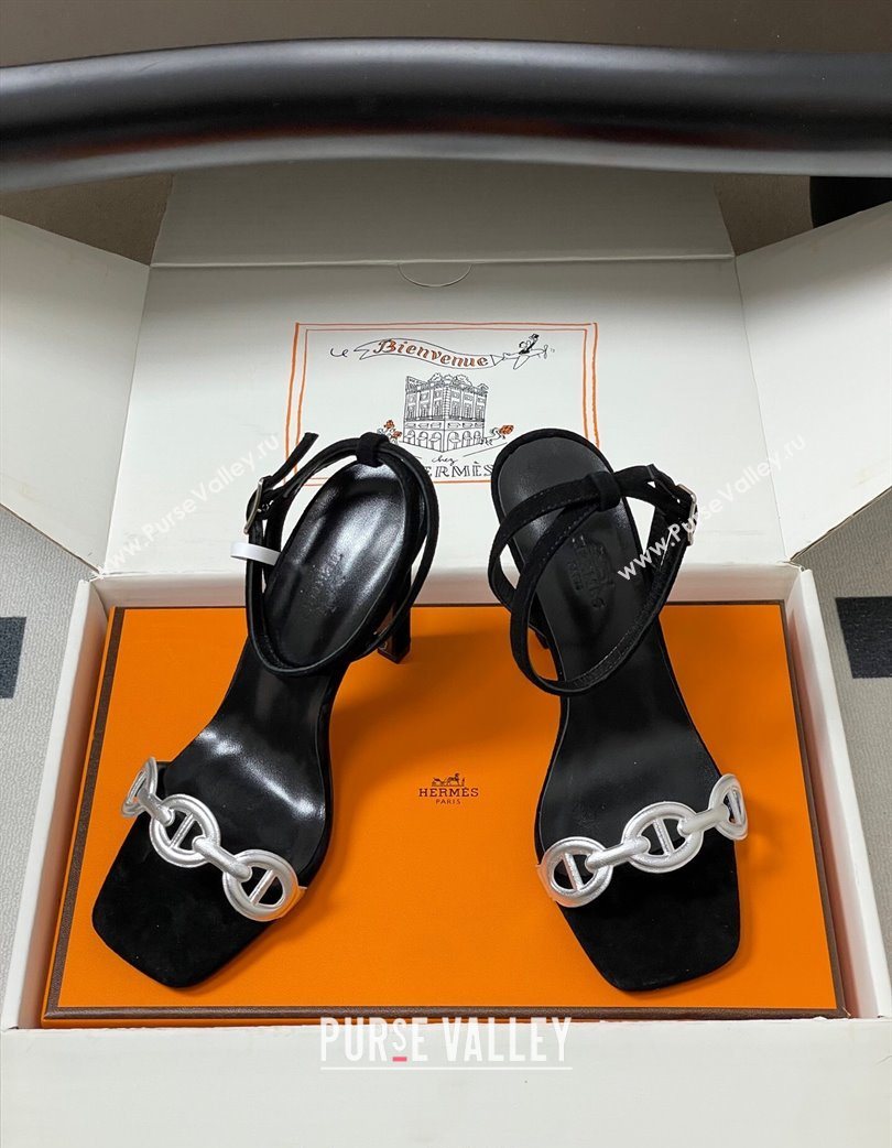 Hermes Luz Heel Sandals 10.5cm in Suede with Silver-Tone Strap Black 2025 (MD-251220001)