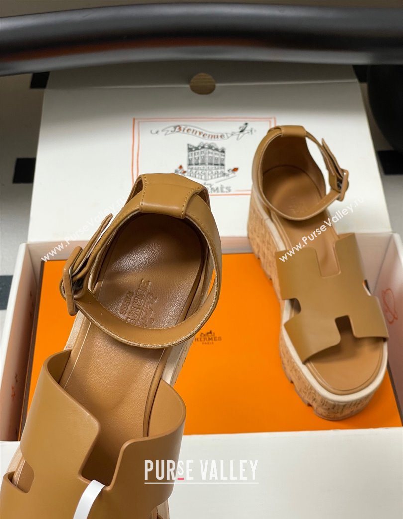 Hermes Luce Wedge Platform Sandals 7cm in Calfskin Leather Brown 2025 H252131 (MD-251220007)