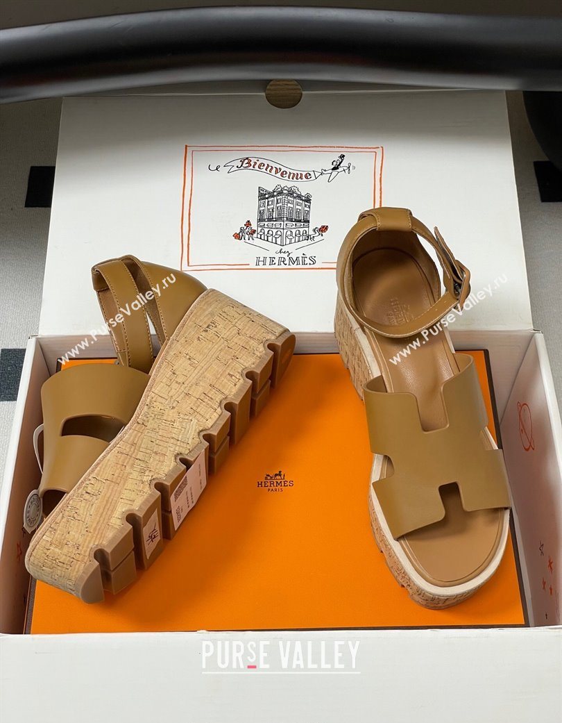Hermes Luce Wedge Platform Sandals 7cm in Calfskin Leather Brown 2025 H252131 (MD-251220007)